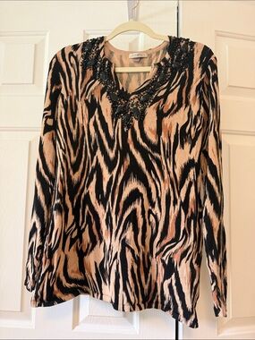 Roz & Ali Black and Tan Animal Print V-Neck Tunic with Bead Embellishment